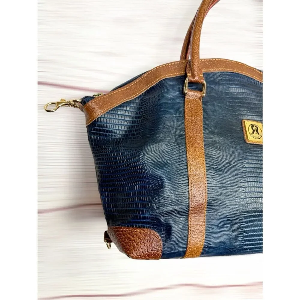 Roberto Roma Leather Satchel Bag Blue Brown Textured Crossbody Top Handle Vng